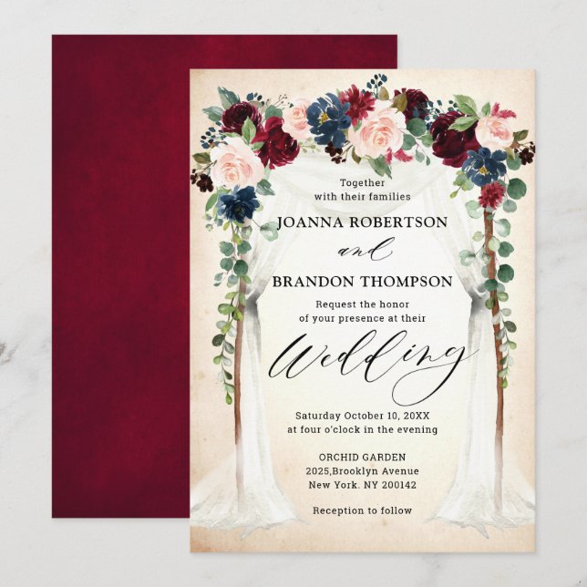 Hochzeit der Blush Navy Blumengestelle in Burgund Einladung (Vorne/Hinten)