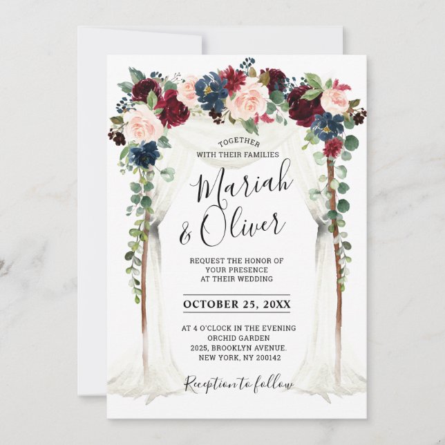 Hochzeit der Blush Navy Blumengestelle in Burgund Einladung (Vorderseite)