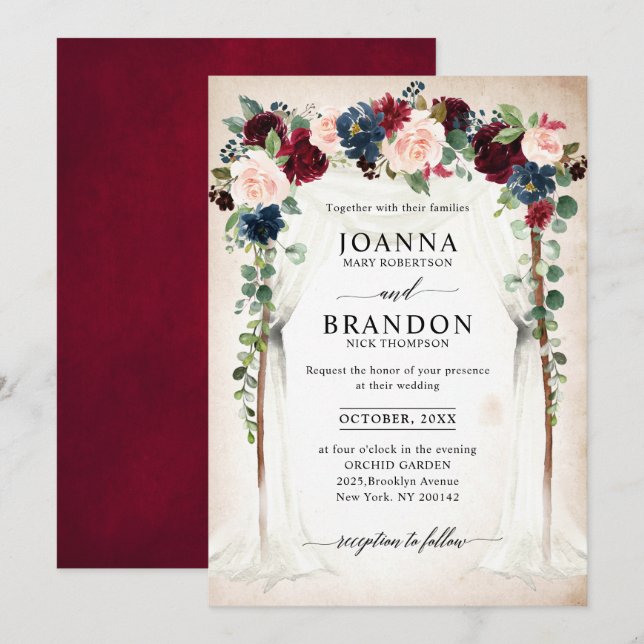 Hochzeit der Blush Navy Blumengestelle in Burgund Einladung (Vorne/Hinten)