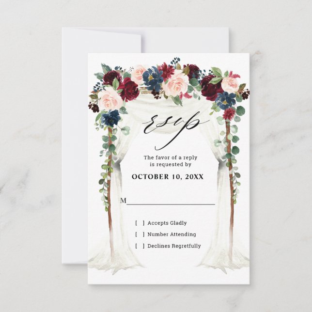 Hochzeit der Blush Navy Blumengestelle in Burgund RSVP Karte (Vorderseite)