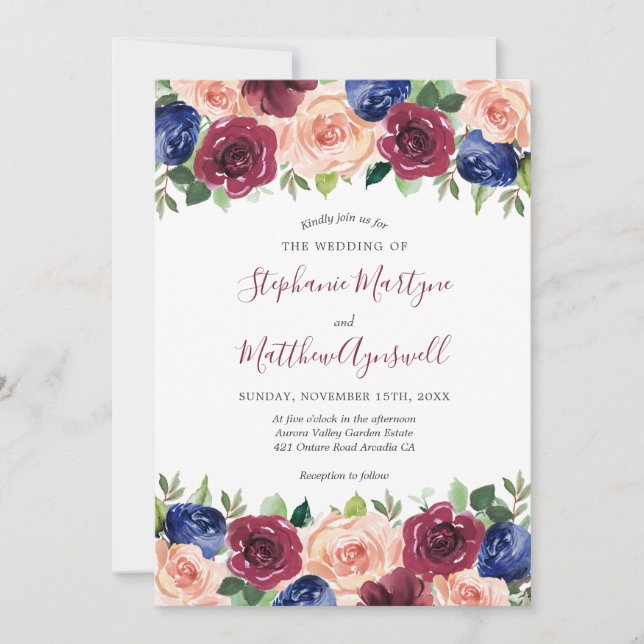 Hochzeit der Blush Navy-Floral-Wasserfarbe in Burg Einladung (Vorderseite)