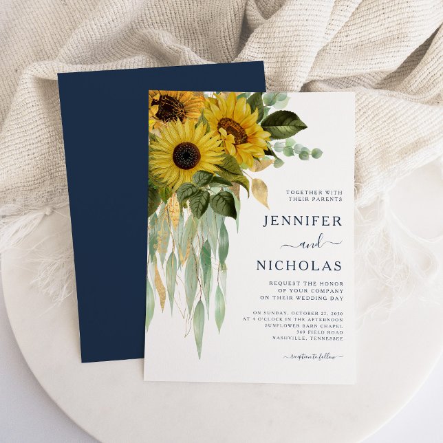Hochzeit der Blütenblütenblume in Elegance Einladung (Navy Blue Floral Sunflower Eucalyptus Wedding Invitation)