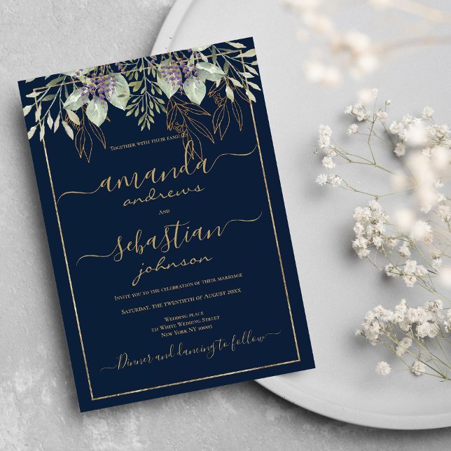 Hochzeit der Blütenblütenblütenblütenblütenblüte Einladung (Gold navy blue foliage floral calligraphy wedding)
