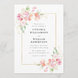 Hochzeit der botanischen Blume in Gold und Rosa Einladung
