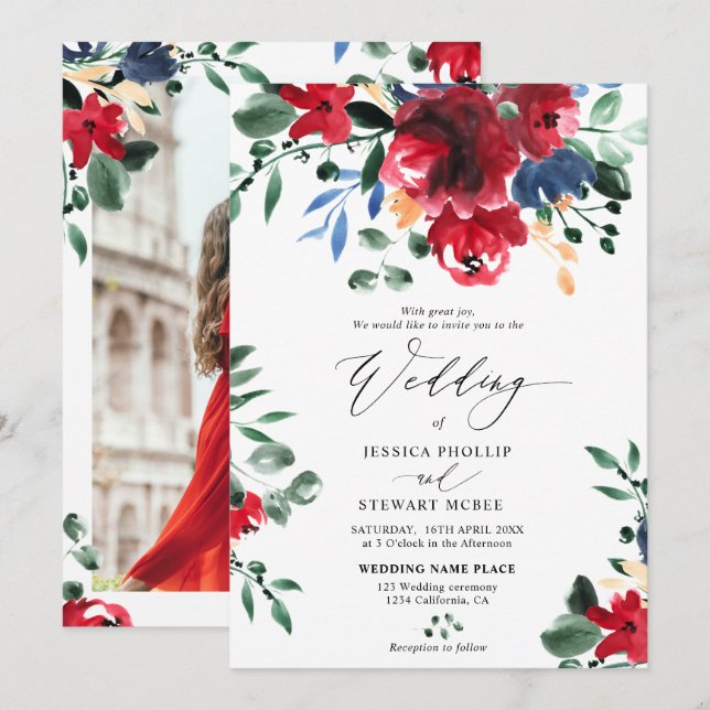 Hochzeit der Burgunder Marine mit Blumenkalligraph Einladung (Vorne/Hinten)