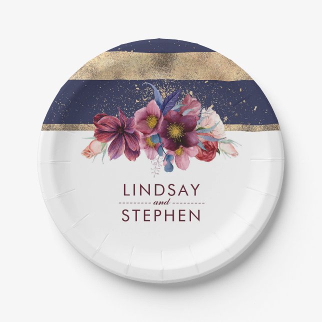 Hochzeit der Burgunder Marine und Gold Floral Stri Pappteller (Vorderseite)