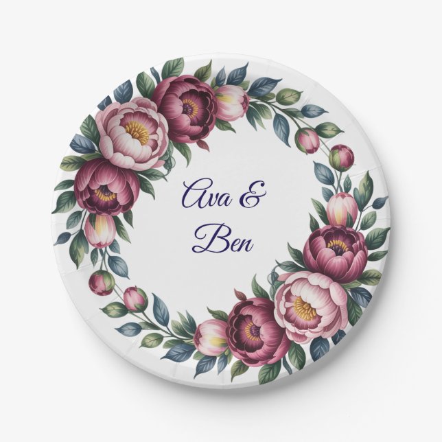 Hochzeit der Burgundy Navy und Blush Peony Pappteller (Vorderseite)