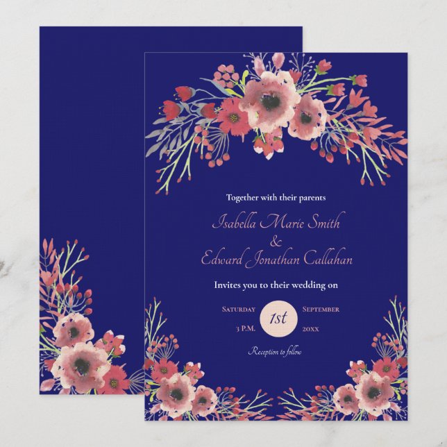 Hochzeit der Coral Peony Floral Navy Einladung (Vorne/Hinten)