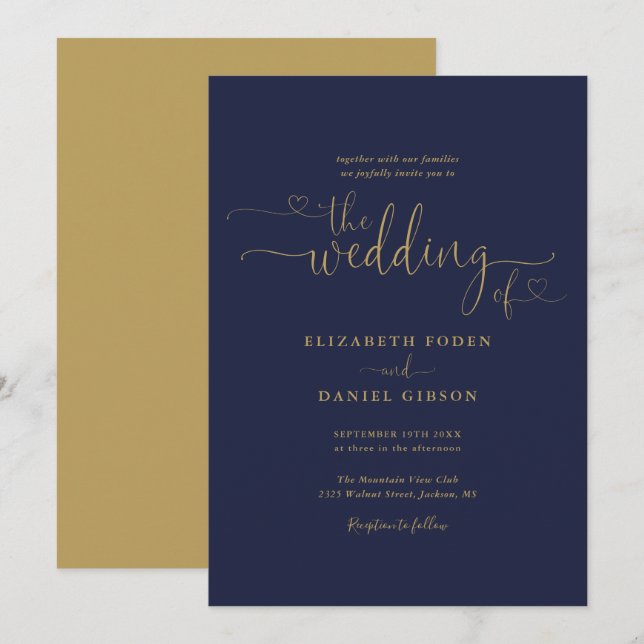 Hochzeit der eleganten Navy und Gold Hearts Einladung (Vorne/Hinten)