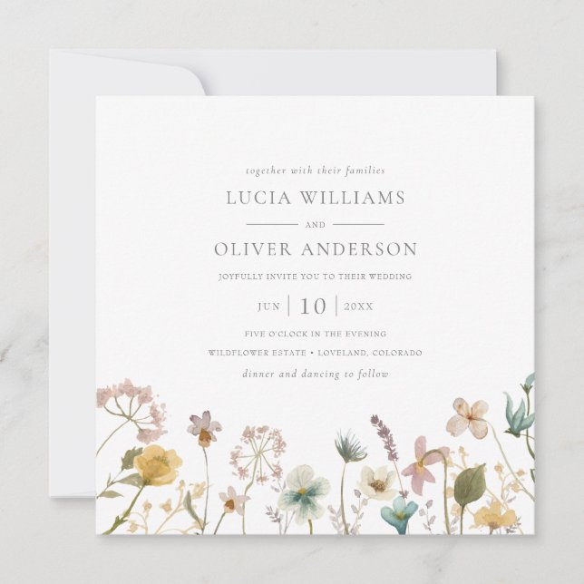 Hochzeit der eleganten Square Watercolor-Wildblume Einladung (Vorderseite)