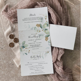Hochzeit der Eukalyptus-Goldkalligrafie Dreifach Gefaltete Einladung