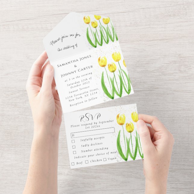 Hochzeit der Gelben Tulips All In One Einladung (Abreißen)