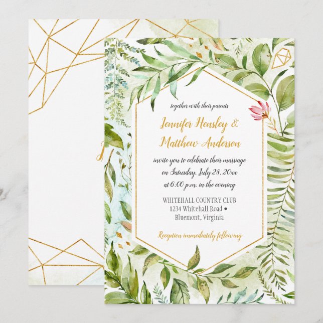 Hochzeit der geometrischen Rosa-Grüne Goldbotanica Einladung (Vorne/Hinten)