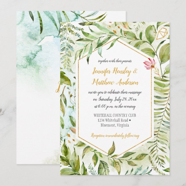 Hochzeit der geometrischen rosa grünen Botanicals  Einladung (Vorne/Hinten)