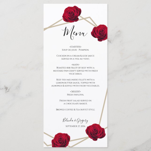Hochzeit der geometrischen Rote Rose Menükarte (Vorderseite)