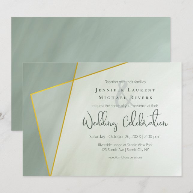 Hochzeit der geometrischen Schrift Graujade Einladung (Vorne/Hinten)
