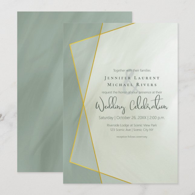 Hochzeit der geometrischen Schrift Graujade Einladung (Vorne/Hinten)