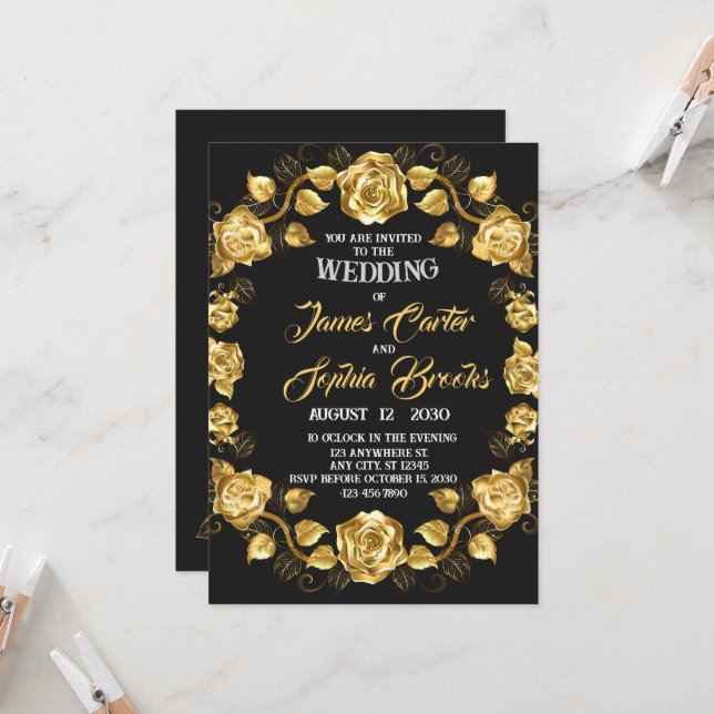 Hochzeit der Goldenen Rose Einladung (Vorderseite/Rückseite Beispiel)