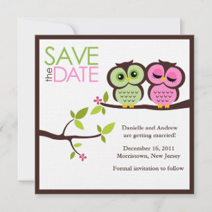 Hochzeit der grünen und rosa Eulen Save The Date