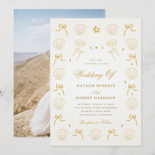 Hochzeit der handgezeichneten Nautical Coastal Sea Einladung (Vorne/Hinten)
