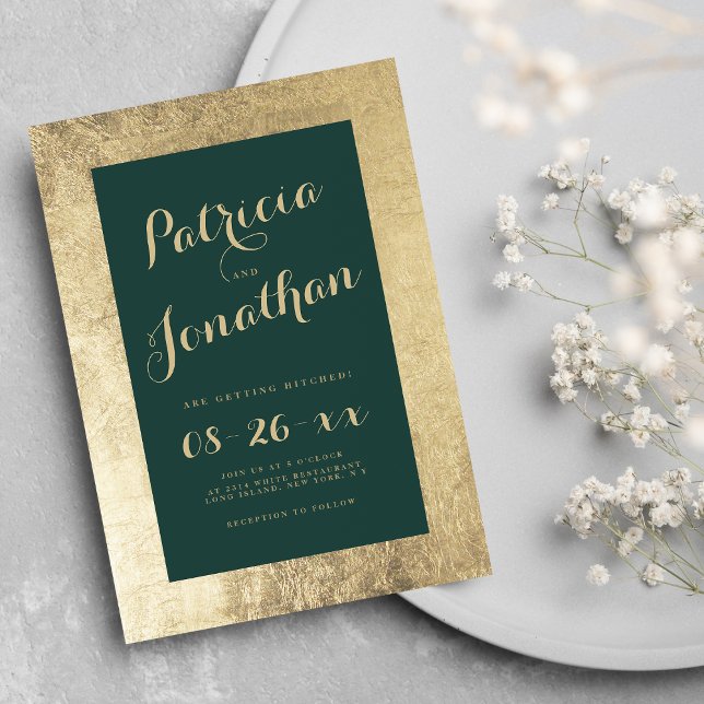 Hochzeit der Kalligraphie-Kalligrafie-Hochzeit in  Einladung (Chic forest green gold frame calligraphy wedding)
