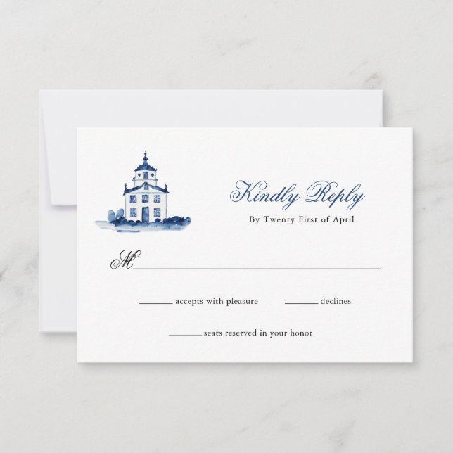 Hochzeit der Kirche von Blauen Wasserfarben RSVP (Vorderseite)