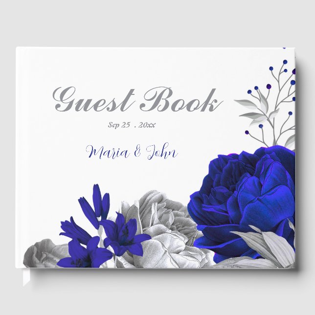 Hochzeit der königsblauen silbernen Blume Gästebuch (Vorderseite)