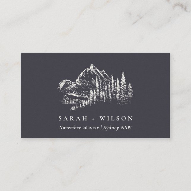 Hochzeit der Kraft Navy Pine Woods Mountain Sketch Platzkarte (Vorderseite)