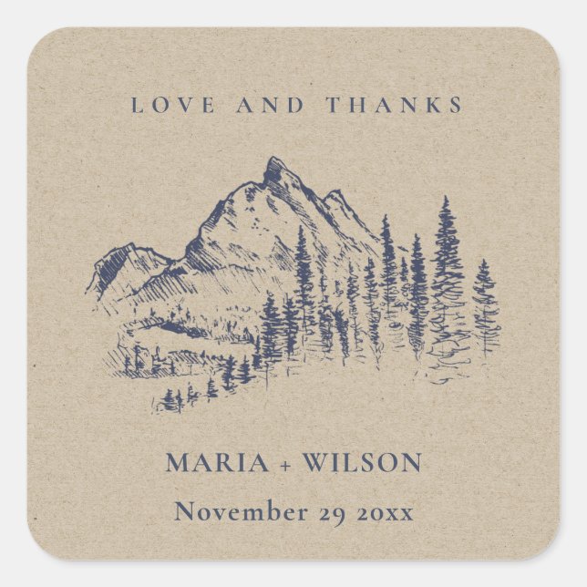 Hochzeit der Kraft Navy Pine Woods Mountain Sketch Quadratischer Aufkleber (Vorderseite)