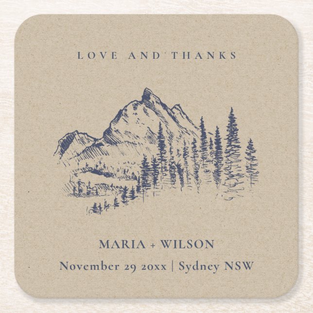 Hochzeit der Kraft Navy Pine Woods Mountain Sketch Rechteckiger Pappuntersetzer (Vorderseite)
