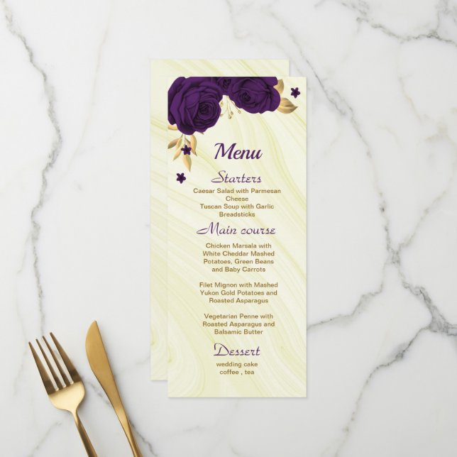 Hochzeit der lila Goldblüte Menükarte (Vorderseite/Rückseite Beispiel)