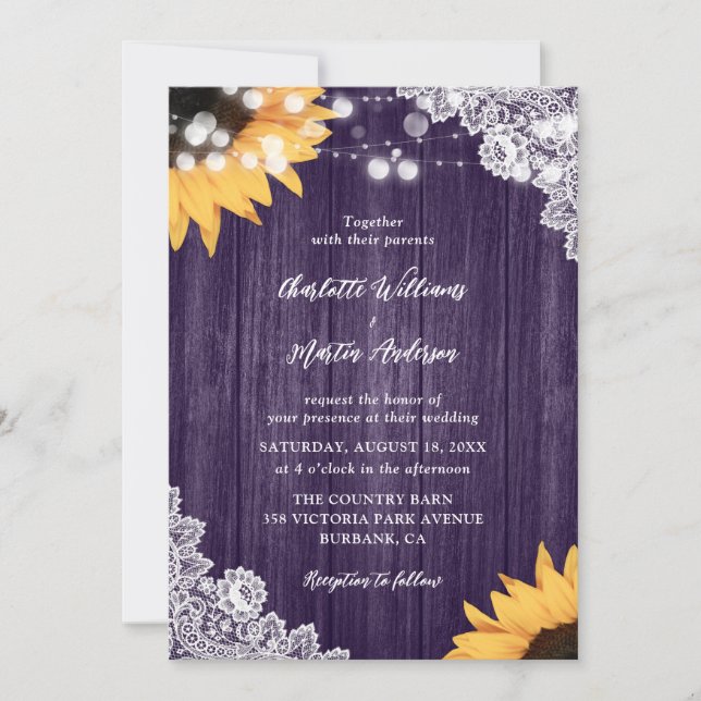 Hochzeit der lila Holzblume Sonnenblume Einladung (Vorderseite)