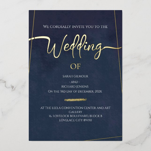 Hochzeit der Luxus Navy Velvet Gold Foil Calligrap Folieneinladung (Vorderseite)
