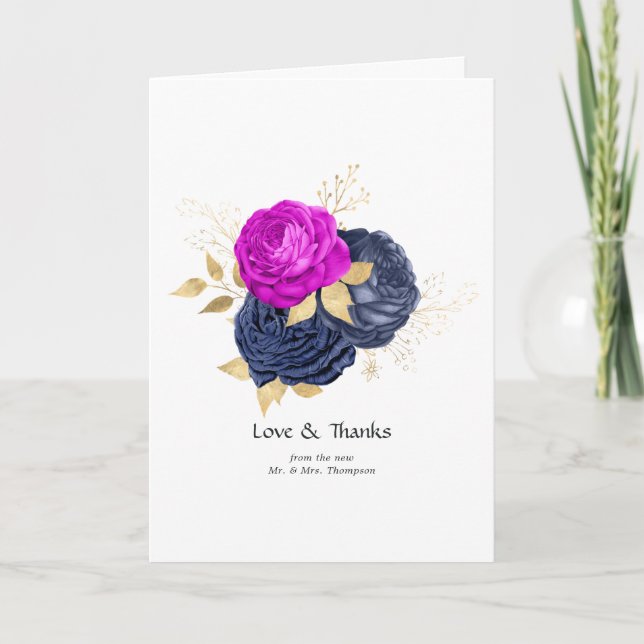 Hochzeit der Magenta Navy und Gold Floral Dankeskarte (Vorderseite)