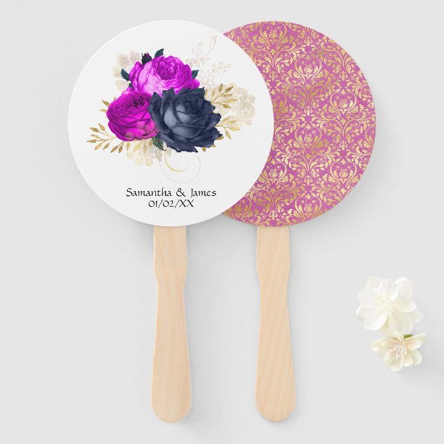 Hochzeit der Magenta Navy und Gold Floral Fächer (Vorne und Hinten)