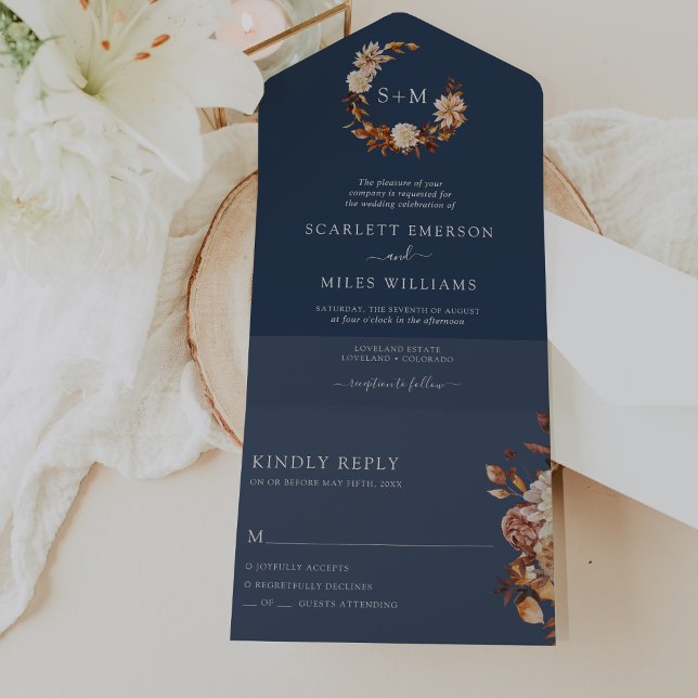 Hochzeit der Marine All In One Einladung (Autumn Navy Blue Wedding All In One Invitation by Painted Paperie
)