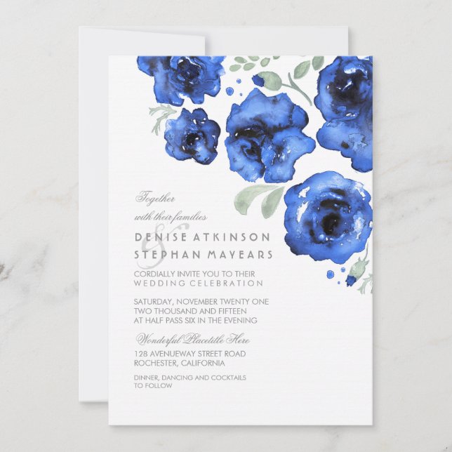 Hochzeit der Marine - Aquarellfarben-Rose Einladung (Vorderseite)