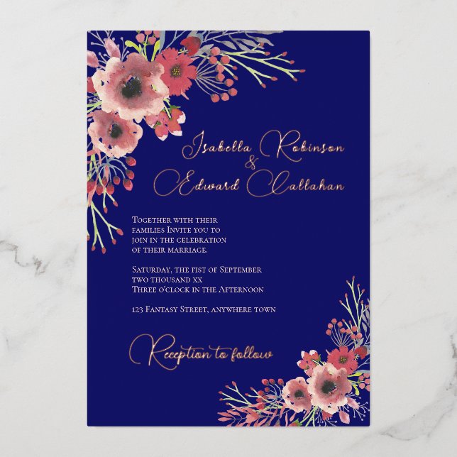 Hochzeit der Marine Coral Peony Wreath Folieneinladung (Vorderseite)