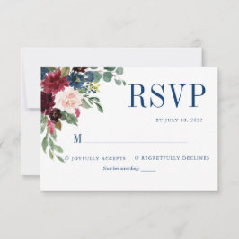 Hochzeit der Marine Elegant Floral Burgundy RSVP Karte