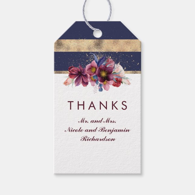 Hochzeit der Marine mit Burgund und Gold-Floral Geschenkanhänger (Vorderseite)
