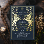 Hochzeit der Marine Royal Lion Folieneinladung<br><div class="desc">Feiern Sie Ihren besonderen Tag mit diesem Royal Lion Medieval Sword Wedding Design. Dieses Design verfügt über einen Rahmen mit zwei Löwen und Blume. Die Rückseite dieses Produktes ist flach bedruckt und NICHT echter Folie.</div>