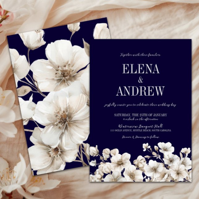 Hochzeit der Marine und der Weißen Flora Einladung (Elegant Navy & White Floral Wedding Invitation, Winter Wedding, Fall Autumn Flowers, Love in Bloom)