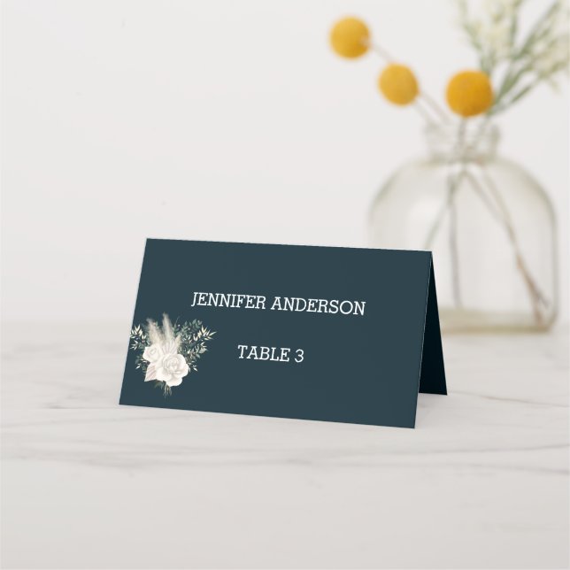 Hochzeit der Minimalistischen Blume Navy und White Platzkarte (Rückseite)