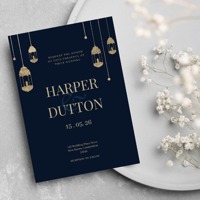 Hochzeit der Minimalistischen Laternenleuchten Einladung (Minimalist navy blue gold lantern lights wedding invitation)