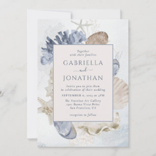Hochzeit der modernen Blue Marine Coral Seashells Einladung