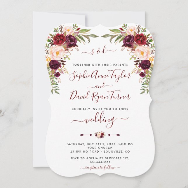 Hochzeit der modernen Burgundy Blush-Bloral-Kallig Einladung (Vorderseite)
