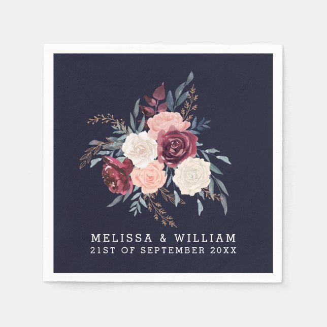 Hochzeit der modernen Burgundy-Floral Midnight Nav Serviette (Vorderseite)