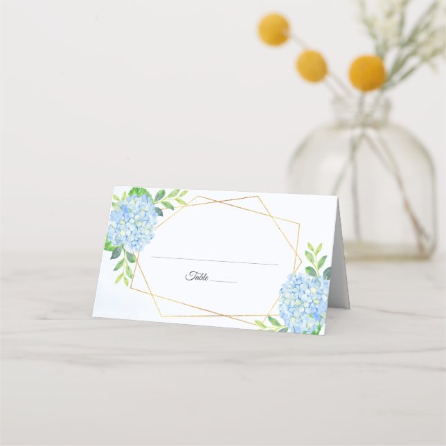 Hochzeit der modernen geometrischen Blauen Hydrang Platzkarte (Vorderseite)