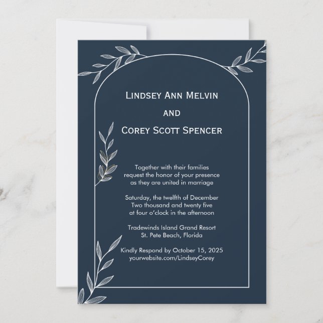 Hochzeit der modernen Marine und des weißen Leaf Einladung (Vorderseite)