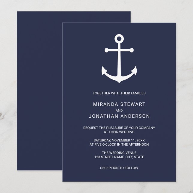 Hochzeit der modernen Nautic Navy Einladung (Vorne/Hinten)